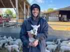 Charlie holding a lamb he helps to take care of.