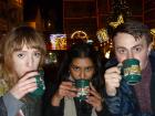 Staying warm with toasty drinks with Freya and Misha (both from Britain)