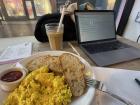 My favorite local vegan café serves pastries, sandwiches, and some hot meals; I like to get a tofu scramble with toast and often go there to do my classwork
