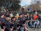 This is another traditional instrument called the bagpipe. They are typically found in Scotland but also sometimes in Ireland. This is a band of bagpipers that marched in the St. Patrick's Day parade