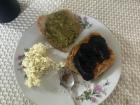A meal with avocado toast and rice