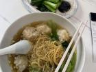 Wontons with shrimp, egg noodles and a side of chinese broccoli (gai lan)