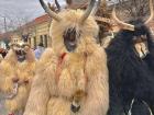 People dressed up in furry costumes and wooden masks, parading around the city of Mohács.