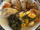 Some mixed veggies on the bottom and starches on top