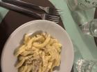 This is an Italian-American dish adopted in Italy called spaghetti a la carbonara. It was the first thing I had on a trip I took to Cagliari, Italy