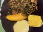 Kontomire: Cocoyam leaves stew served with boiled plantain, yam and boiled sweet potato 