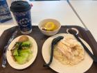 Singaporean chicken rice with steamed vegetables and chicken broth soup on the side!