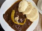 Another Czech dish, goulash, served with bread dumplings