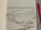 My drawing of my view out of the airplane window over the Pacific Ocean