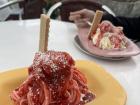 Eating strawberry Spaghettieis with Luis