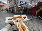 A hotdog with lingonberry sauce from Bergen, Norway
