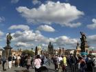 Statues lining Charles Bridge during our walking tour of Prague